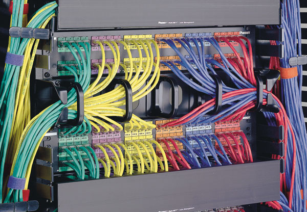 electronic box of colored connectors plugged in